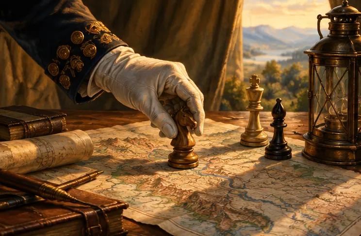 擺在攤開作戰圖的桌上的單枚馬棋子