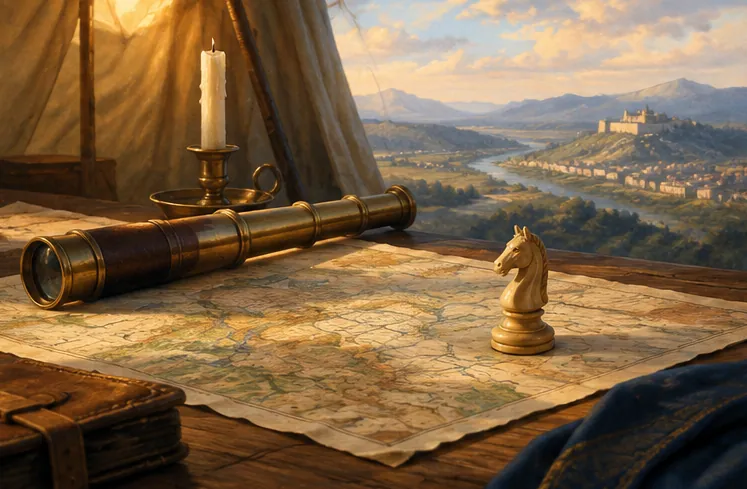 作戰桌地圖旁放置的黃銅望遠鏡與馬棋子