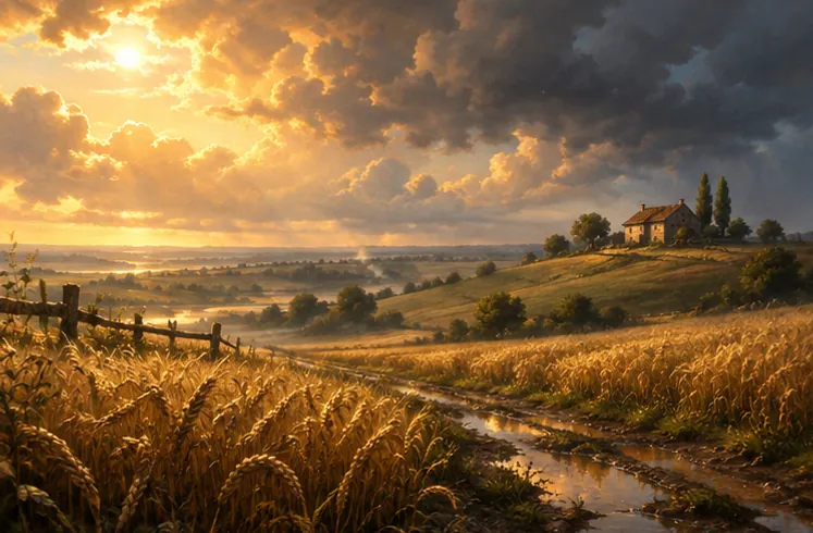雨上がりの嵐のような黄金色の空の下、丘の上に立つ一軒家と広がる麦畑。