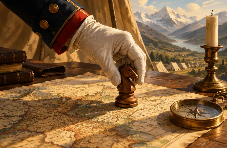 作戰桌面上擺放的白手套與木製馬棋子