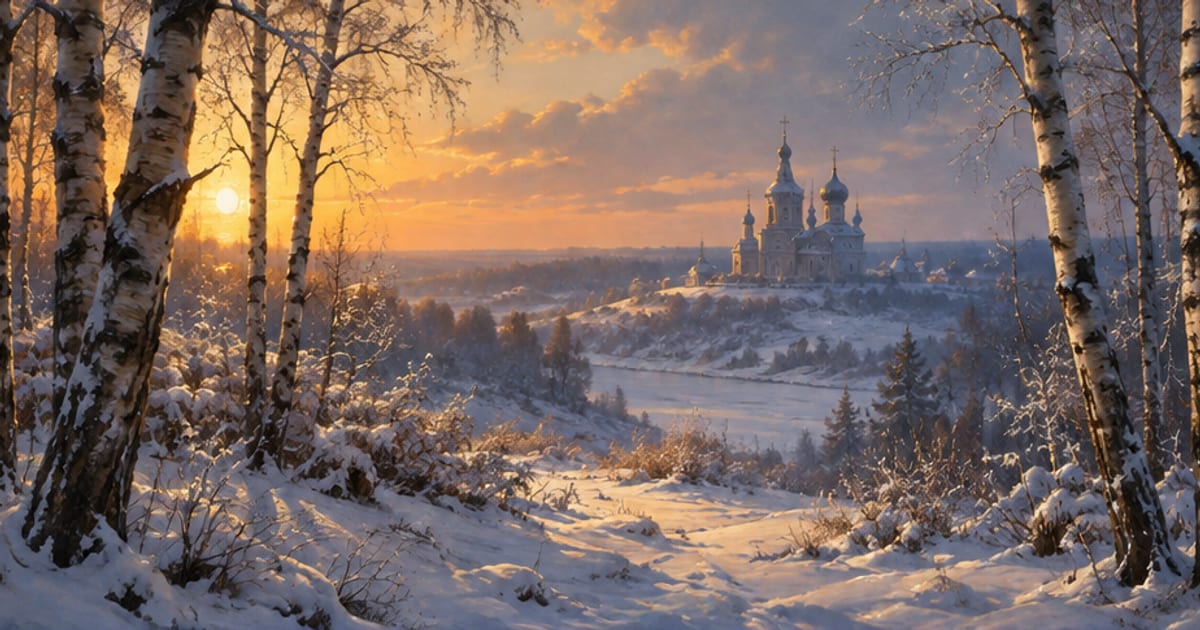 雪景色の中にたたずむ古い教会の遠景