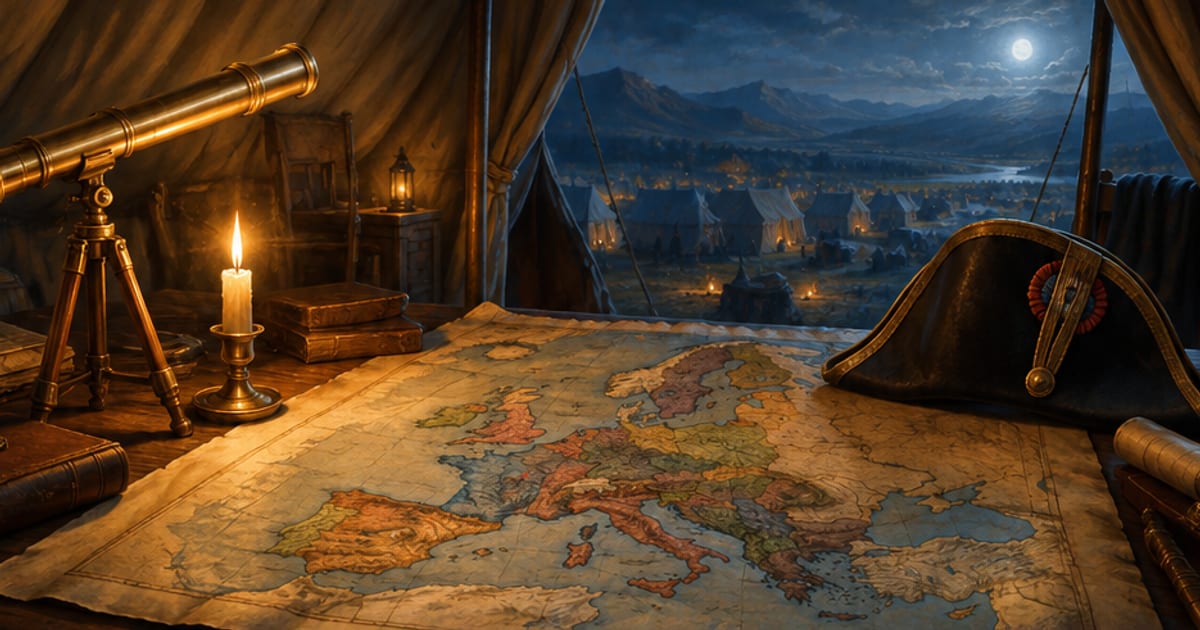 夜の陣営の机の上に、地図と望遠鏡、帽子、灯ったろうそくが置かれている。