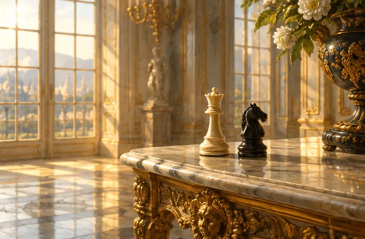 大理石小桌上靜立的兩枚西洋棋棋子