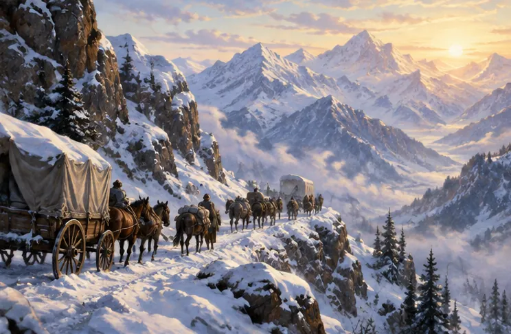 朝霧の雪山を進む荷馬車の遠景