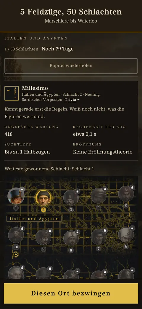 App-Bildschirm: 5 Feldzüge, 50 Schlachten — Marschiere bis Waterloo