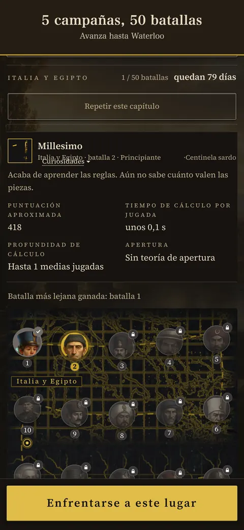 Pantalla de la app: 5 campañas, 50 batallas — Avanza hasta Waterloo