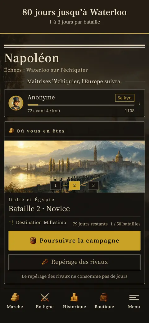 Écran de l’application : 80 jours jusqu’à Waterloo — 1 à 3 jours par bataille