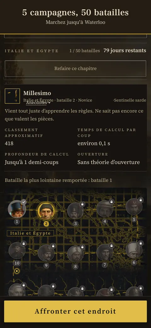 Écran de l’application : 5 campagnes, 50 batailles — Marchez jusqu’à Waterloo
