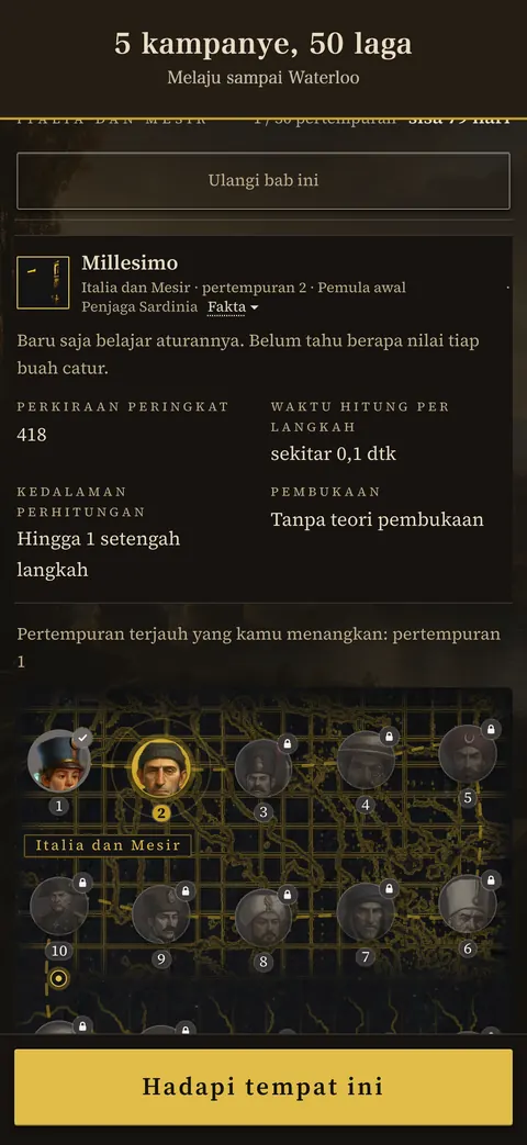 Tampilan aplikasi: 5 kampanye, 50 laga — Melaju sampai Waterloo